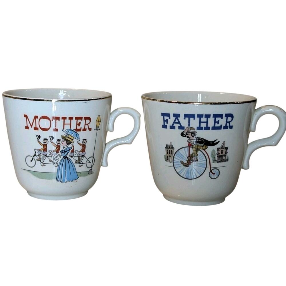Vintage "Father" and "Mother" Tea Coffee Cup Mug Set Barber Shop Bike Bicycle